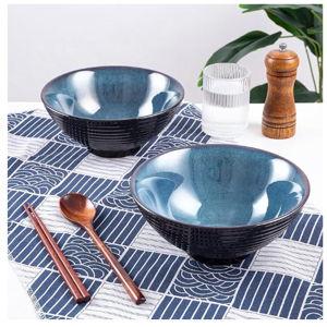 Ceramic Japanese Ramen Bowl Set, 2 Sets Asian Pho Udon Soup Noodle Bowls with Spoons and Chopsticks (Starry Blue, 8 inches)