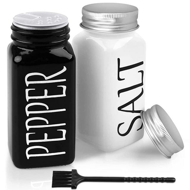 2 Pack Salt and Pepper Shakers Set, Farmhouse Style Salt and Pepper Shakers, Vintage Glass and Stainless Steel Lid (Black and white)
