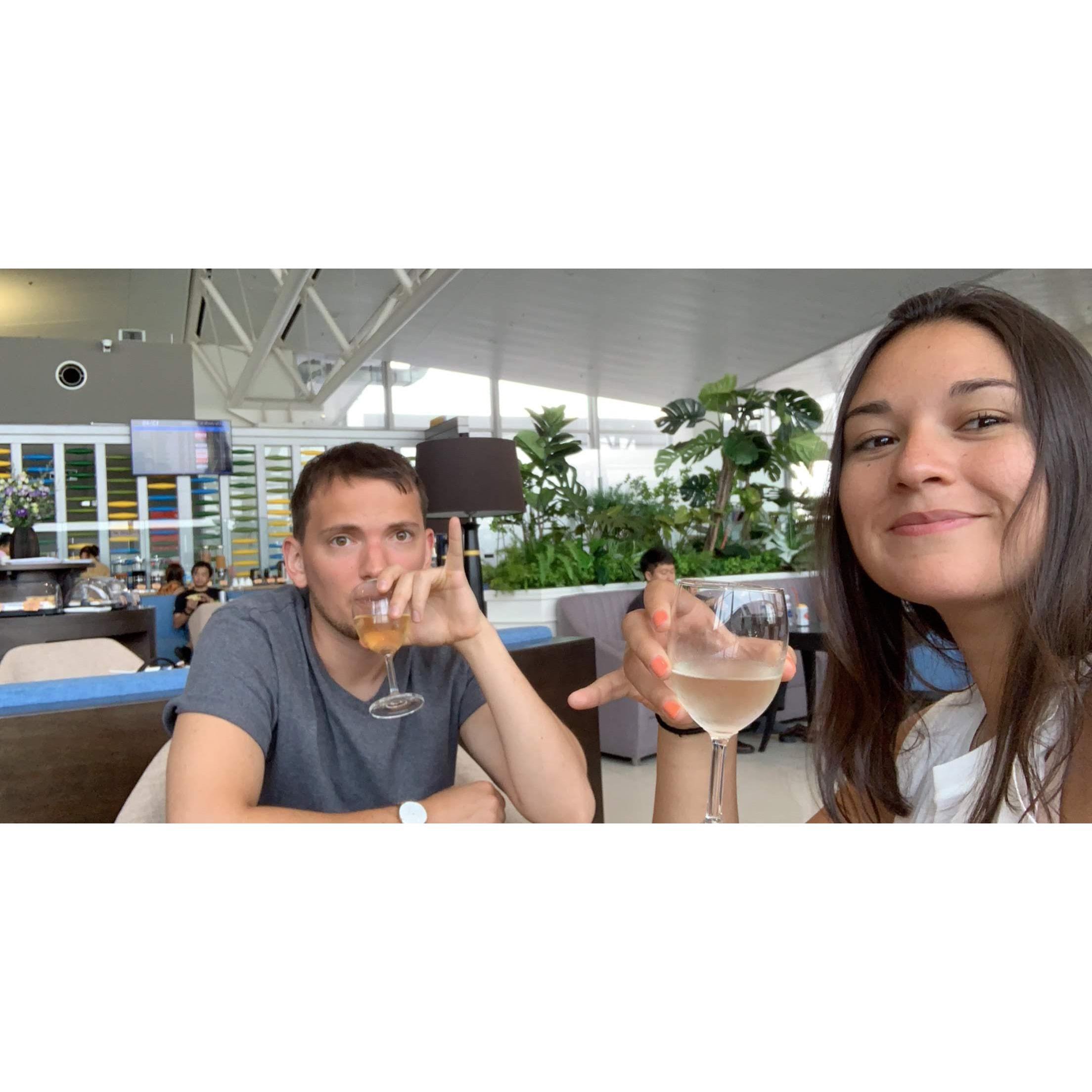 Megan and Mike in an Airport Lounge in Hanoi, Vietnam.