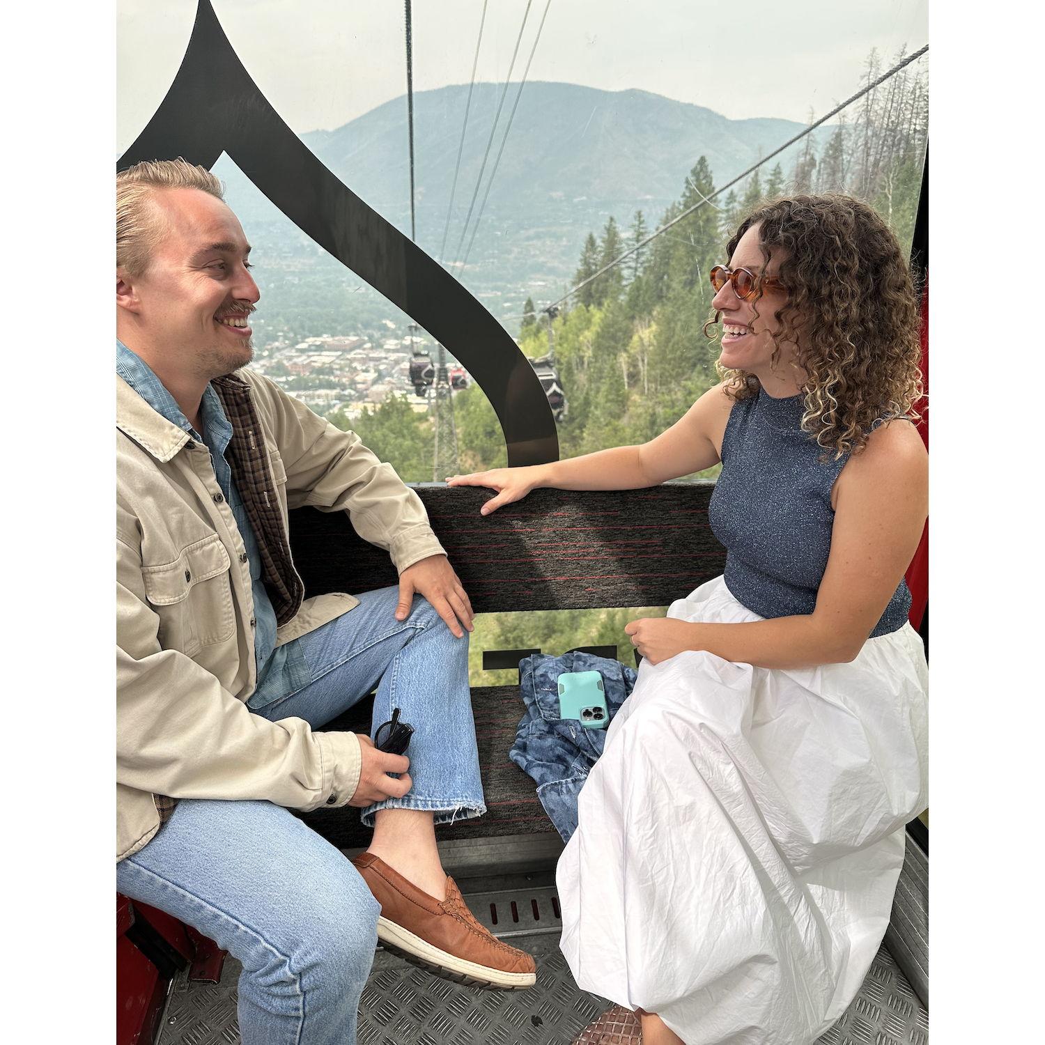 Riding the gondola up Aspen Mountain (Hannah had no idea Charles was about to propose!)