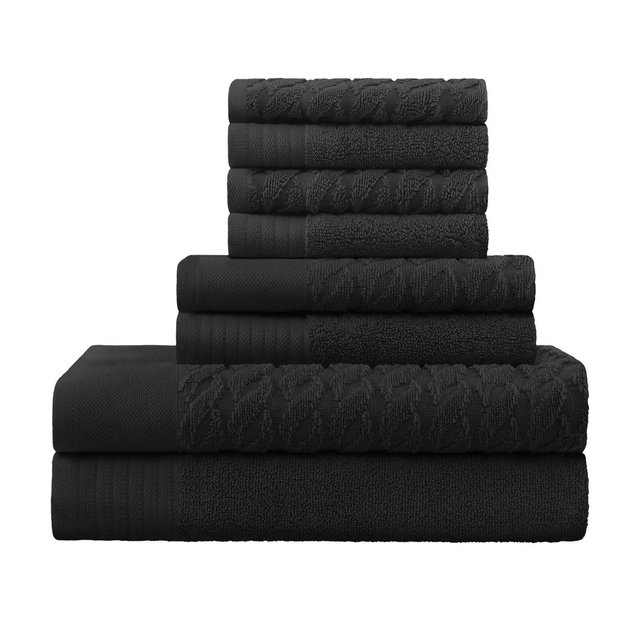 Egyptian Cotton Solid, Herringbone Jacquard Medium Weight 8-Piece, Bathroom Towel Set, Black - Blue Nile Mills