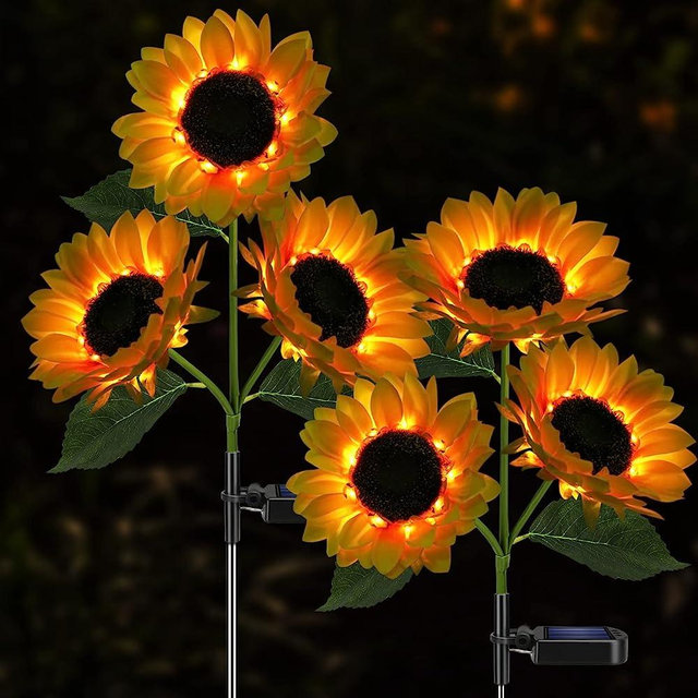 Meagoo Solar Sunflower Lights, 800mA Solar Garden Light with 6 Real Looking Flowers Outdoor Waterproof Solar Stake Lights for Back Yard, Flower Bed, Pathway, Patio, Porch, Fall Decoration(2 Pack)