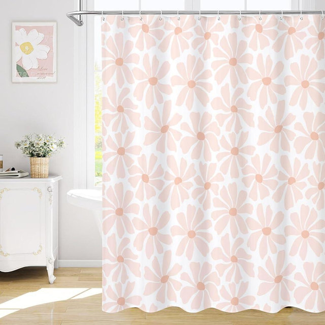 Litabel Blush Pink Daisy Floral Shower Curtain, Boho Spring Flower Shower Curtain for Girly Bathroom, Modern Minimalist White Waterproof Fabric Shower Curtain Set, 72x72 Inch