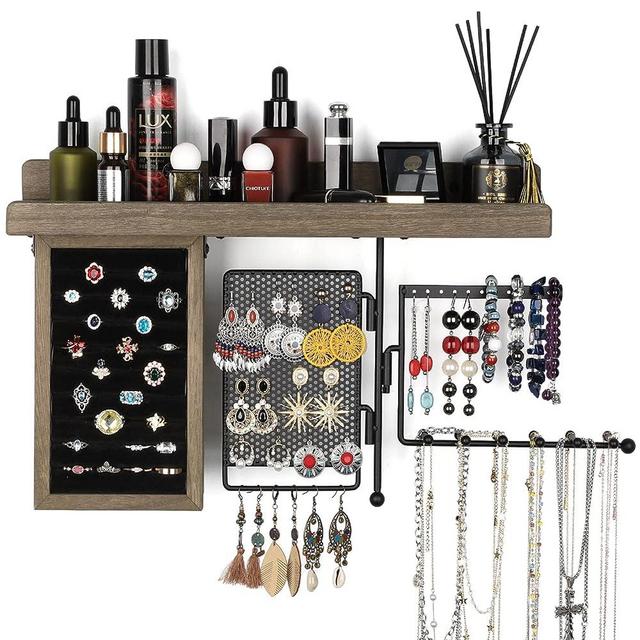 SOLIMINTR Hanging Jewelry Organizer Wall Mount Jewelry Holder with Rustic Wood Shelf, Ring Display Box, Ear Studs Earring Holder, Rotating Necklace Holder Organizer for Gothic Jewelry Goth Accessories