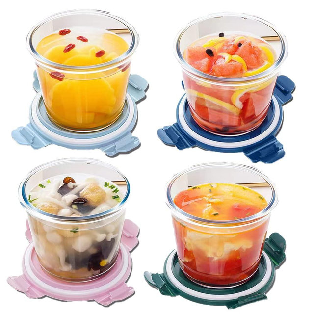 X.SSTTXN 3-Cup/24 Ounce Glass Food Storage Containers, Round Glass Soup Container with Airtight Lids, Leak-proof Soup Stew Food Storage and Meal Prep Container, Microwave Freezer Safe, Set of 4(Clear)