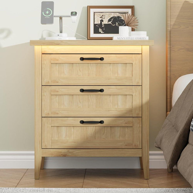 IDEALHOUSE 3 Drawer Dresser with LED Lights & Charging Station, Wide Dresser Nightstand for Bedroom, Modern Wood Chest of Drawers for Closet, Hallway, Entryway, Natural