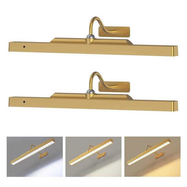 Kryoza Brass Picture Light Wireless, Battery Powered Art Light for Pictures– 5000mAh, 350LM, Dimmable, Remote Control, 16in Wall Gallery Light for Display, Wall, Artwork,Photos (2 Pack)