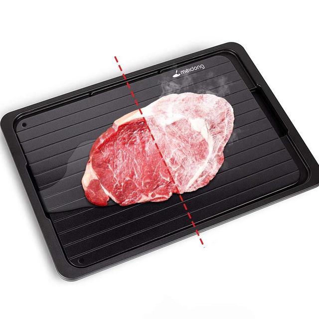 Meidong Rapid Defrosting Tray for Thawing Frozen Meat Thawing Plate for Fast defrosting of frozen foods Premium Quality Thawing Tray with Drip Tray/Silicone Sponge/Tongs