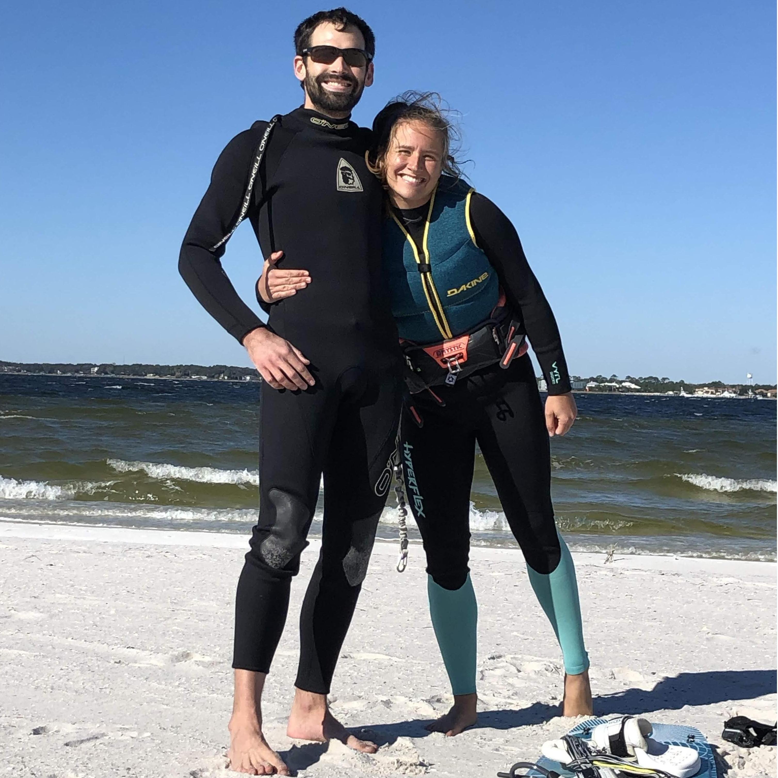 Ready to kiteboard! This is the beach where Evan proposed (and the wetsuit I was wearing), but a different day.