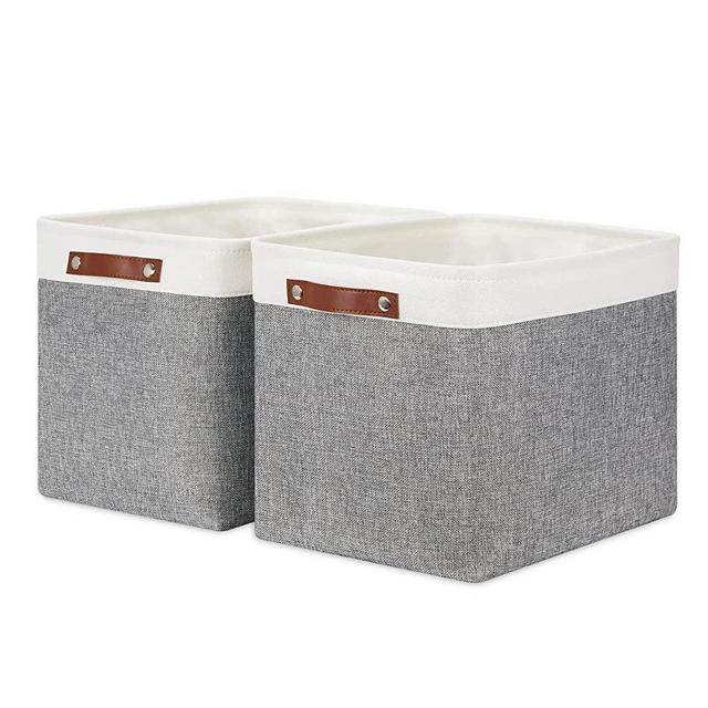 HNZIGE Large Fabric Storage Baskets Bins for Organizing [2 Pack] Foldable Storage Bin Tall Baskets for Shelves 16" X 11.8" X 11.8" Canvas Rectangular Decorative Storage Bins for Closet(Gray&White)