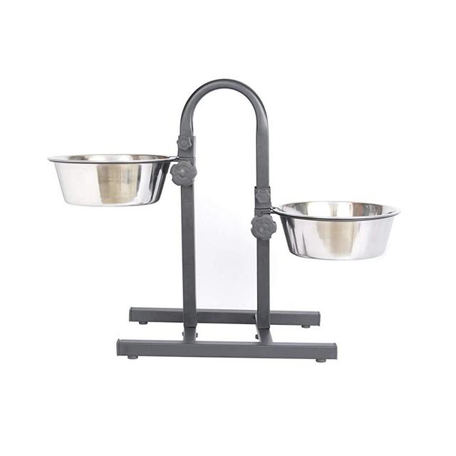 Iconic Pet Adjustable U-Design Double Diner With Anti-Skid Rubber Base Noise Free Stable Dog / Cat Food Stand, 2 Stainless Steel Elevated Food / Water Bowls In Varying Sizes For Proper Digestion