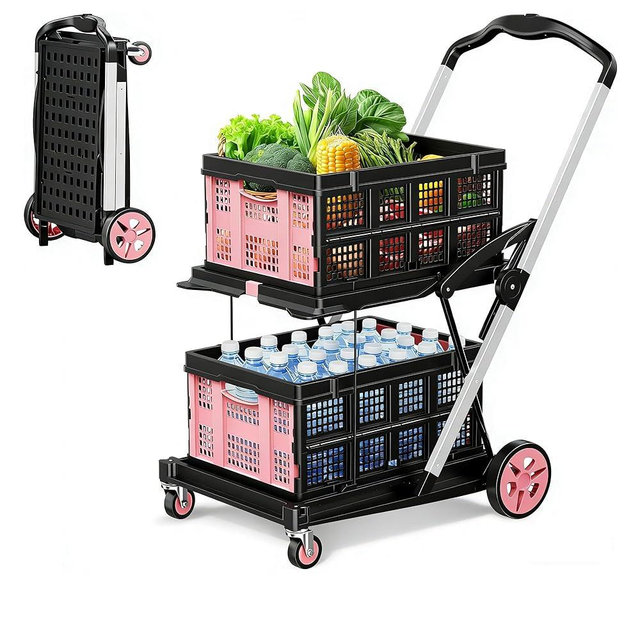 SILVEL 8-in-1 Collapsible Shopping Cart, 200LBS Portable Multi Functional Rolling Crate with 2 Storage Cart,Adjustable Handle Folding Grocery Cart on Wheels for Warehouse, Office, Supermarket, Pink