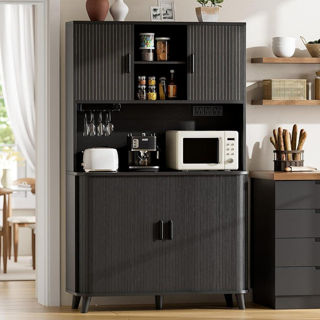 Lulive 71" Tall Pantry Cabinet with Rolling & Sliding Doors, 39" Wide Kitchen Storage Cabinet with Charging Station and Open Countertop, Modern Kitchen Pantry Cabinet for Dining Room, Black