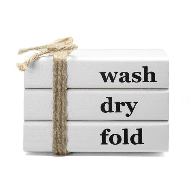 Mini Wood Book Stack for Tiered Tray Decor, Wash-Dry-Fold Sign, Laundry Room Decor, White