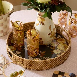 Wild Rose Brown Enamel & Rattan Round Serving Tray