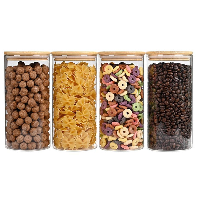 53oz Glass Food Storage Jars, Glass Jars with Bamboo Lids, Kitchen Storage Jars, Set of 4, Canisters with Airtight Lids for Spice, Coffee, Cookie, Pantry Organizers