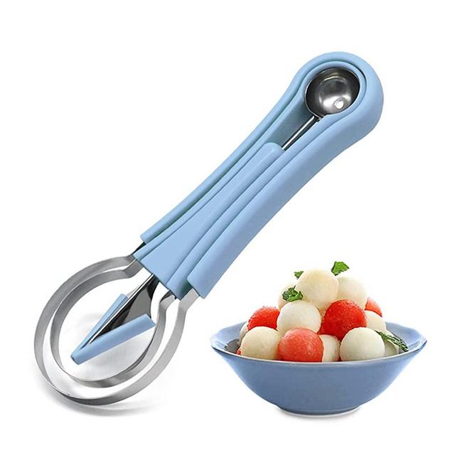 Suuker Melon Baller Scoop Set,Professional 4 In 1 Stainless Steel Fruit Carving Tools Knife Kit,Fruit Scooper Seed Remover Watermelon Knife for Ice Cream Melon,Dig Pulp Separator Fruit Slicer(Blue)