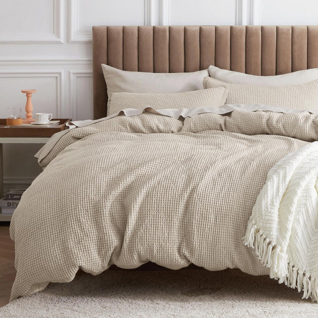 3 Pieces Bedsure Cotton Duvet Cover Oversized King Beige 100% Cotton Waffle Weave Bedding Set GentleSoft Breathable All Season Mother's Day Gift