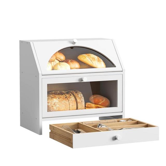 Bread Box for Kitchen Countertop Corner Bread Box Bamboo Extra Large Double Layer Bread Storage Bin with Silverware Drawer Organizer (Transparent Door)