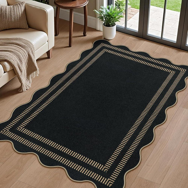 LORWER Modern Easy Jute 3x5 Outdoor Patio Rug, Black Washable Rugs for Entryway Indoor Kitchen Rugs, Farmhouse Neutral Non Slip Carpet for Living Room Backyard