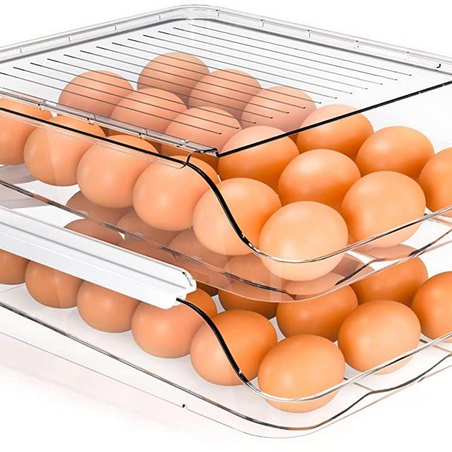 Utopia Kitchen Rolling Egg Container for Refrigerator with Lid - Pack of 2 Stackable Plastic Egg Holder for Refrigerator - Terrazo Egg Tray for Refrigerator or Fridge Organizer