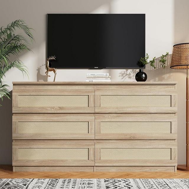 Rattan Dresser - 6 Drawer Dresser for Bedroom, Chest of Dressers, Modern Dresser Chest, Beside Table for Closet, Nursery Dresser for Bedroom, Living Room, Hallway, Entryway, Natural