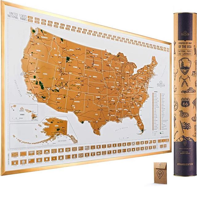 Scratch Off Map of the United States National Parks - 24x17 Scratch Off USA Map Poster with National Parks, Landmarks, Highest Peaks, and State Flags - USA Scratch Off Map for Outdoor Enthusiasts