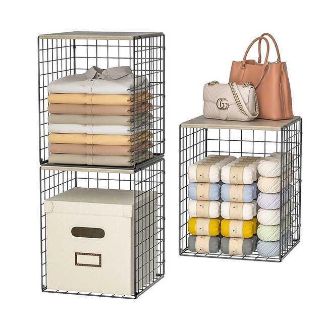 Taller Closet Organizers and Storage with Wood Top, Set of 3 Stackable Wire Storage Bins for Clothes, Bags, Towels, Double Storage Design, Sturdy Metal Cube Shelf Organizer for Closet Wardrobe, Black