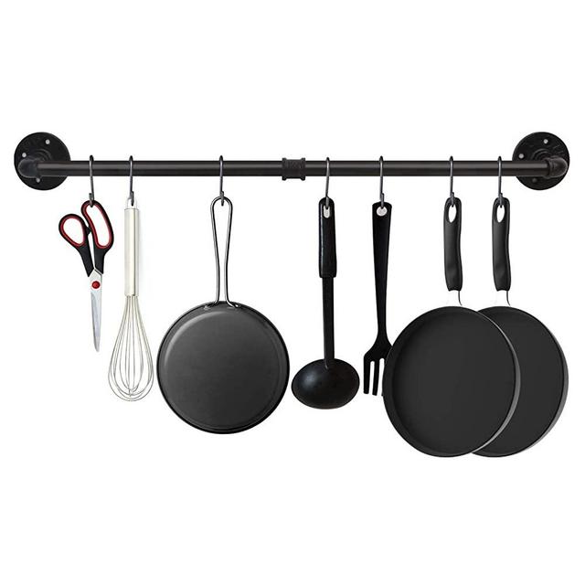EGASON 34.3 inch Industrial Pipe Pot Bar Rack with 15 S Hooks Rustic Iron Pots and Pans Hanging Rail Pipe Towel Holder Wall Mounted Detachable Kitchen Utensil Pot Pan Lid Organizer Black