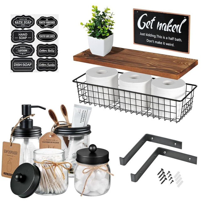 SheeChung Mason Jars Floating Shelves Set for Bathroom - 16oz Soap Dispenser, Toothbrush Holder, 2Pcs Qtip Holders, Paper Storage, Wall Mounted Farmhouse Decor, Artificial Plant, Decor Sign-Brown