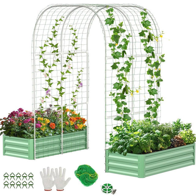 DoCred 3 in 1 Raised Garden Bed with 87in Tall Arch Trellis for Climbing Plants, Galvanized Planter Garden Box Outdoor for Gardening, Climbing Vegetables, Flower, Green