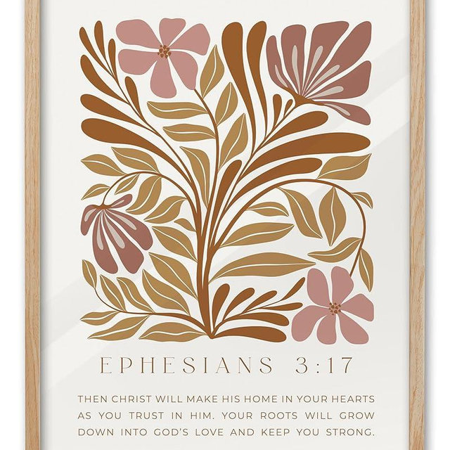 EcoHest Bible Verse Floral Framed Wall Art, 12x16 in OAK Wood Abstract Flowers Canvas Wall Art, Ephesians 3:17 Home Decor, Beige Logs Boho Christ Set of 1 for Bedroom Living Room