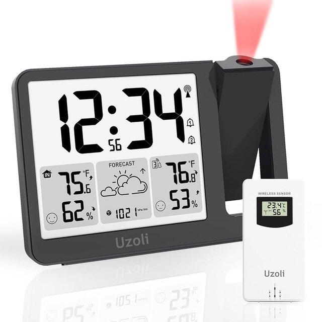 uzoli EM3539E Projection Alarm Clock, WWVB Atomic Projector Clock for Bedroom Ceiling, Projection Clocks with Sensor, Adjustable Backlight, Indoor Outdoor Temperature Humidity, Dual Alarms