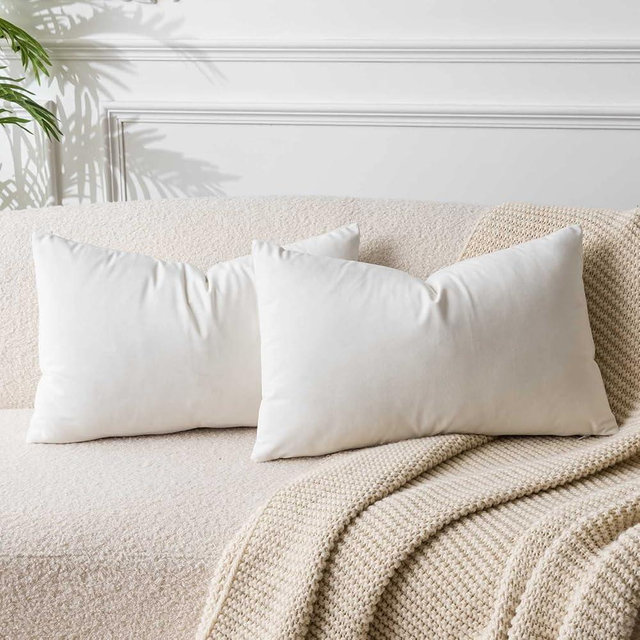 JUSPURBET Cream White Decorative Lumbar Velvet Throw Pillow Covers 12x20,Pack of 2 Luxury Soft Solid Cushion Cases for Sofa Couch Bed