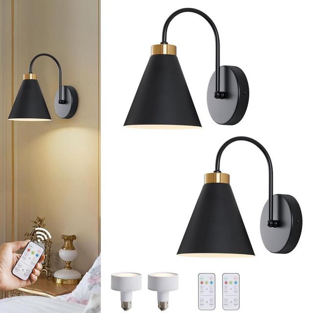 Powfloven Vintage Cordless Gooseneck Battery Operated Wall Sconces Set of 2, Black Bedside Battery Powered Wall Decor Lamps with Remote Control, Wireless Indoor LED Lights Fixture for Bedroom Hallway