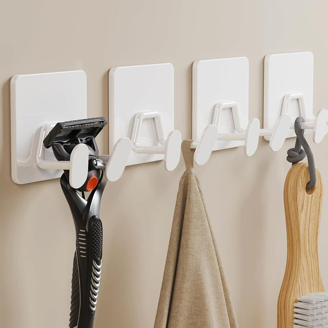 susswiff Adhesive Shower Hooks for Bathroom - Extra Sticky Stainless, Wall Hooks for Hanging Towel, Razor, Loofah, Robe, Coat, Heavy Duty Hanger for Kitchen, Bedroom, Door, Metal, Matt White, 4 Pack