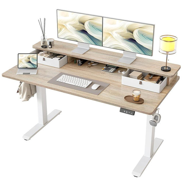 TIQLAB Standing Desk with Two Drawers, Stand Up Standing Desk Adjustable Height, Electric Sit Stand Table with Storage Shelf and Splice Board, 55 * 24 inch, Maple