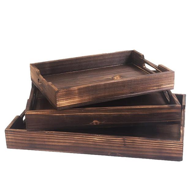 Serving Tray Rustic Wood Tray, Serving Platters and Trays with Handles, Ottoman Trays Decorative , Farmhouse Décor, 3 Pieces Set., Brown