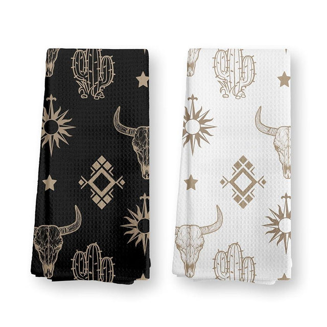 TopXmai Western Kitchen Towels Set of 2,Boho Western Aztec Bull Skull Cactus Dish Towels for Kitchen,Boho Western Hand Towels for Bathroom,Boho Western Decor,Western Kitchen Bathroom Decor, 16x24 Inch