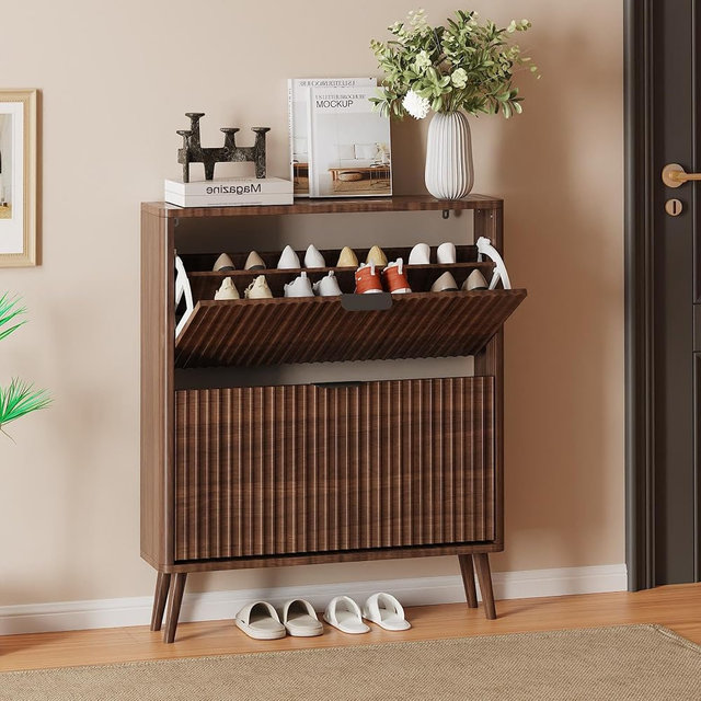LOUVIXA Narrow Shoe Storage Cabinet, Freestanding Shoe Cabinet Organizer for Entryway, Hallway (Brown, 2 Flip)