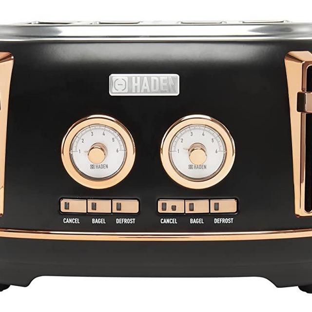 Haden 75083 DORSET 4 Slice Toaster, Wide Slot with Removable Crumb Tray and Settings, Black/Copper