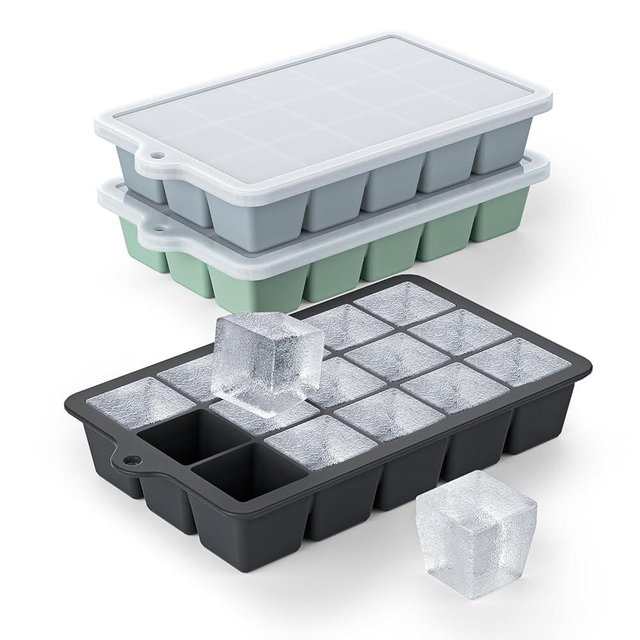 Silicone Ice Cube Tray 3 Pack - EASY RELEASE ice cube tray with lid, BPA Free Ice Cubes Trays for Freezer,ice cube mold for Cocktail,Whiskey (Black+Grey+Mint)