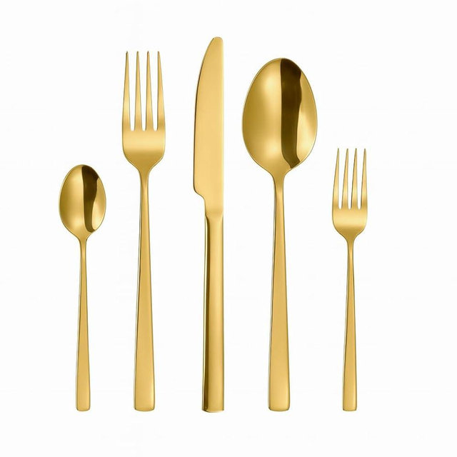 Famous Haus Oxford Silverware Set, 30 Piece Forged Flatware Premium Stainless Steel, Service for 6, for Kitchen, Home, Wedding, Party, Mirror Polished Dishwasher Safe (Matte Gold)