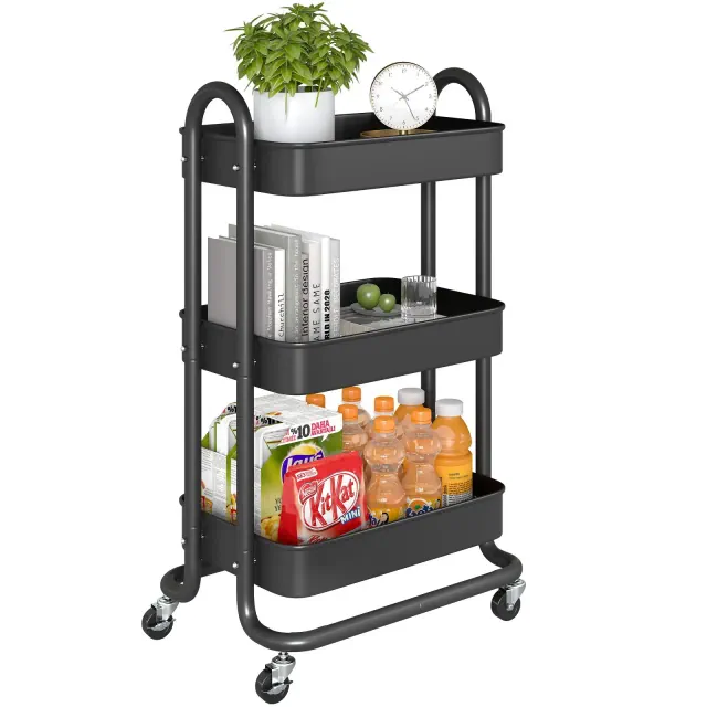 SUGIFT 3-Tier Metal Rolling Utility Cart - Black