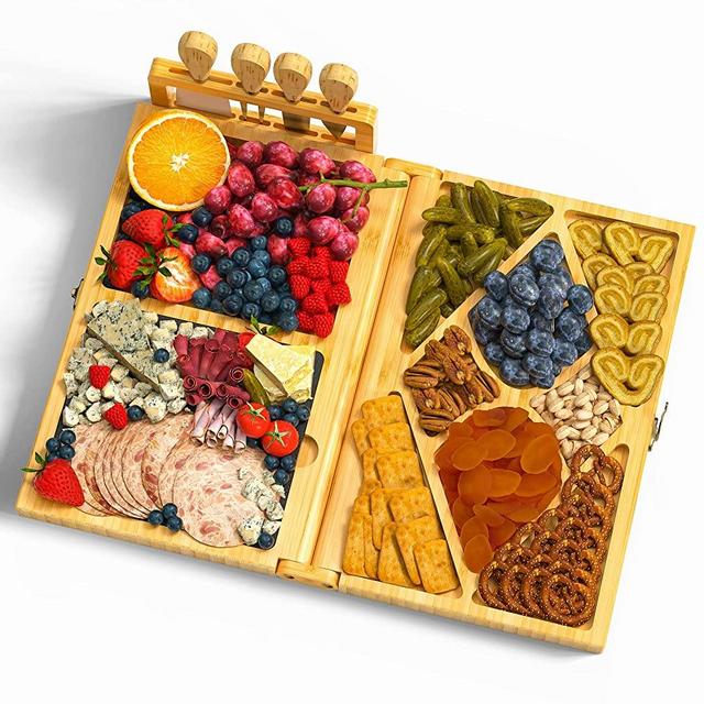 Cheese Board Charcuterie Board Set - Foldable Cheese Server Folding Cheese Platter Bamboo Cheese Tray with 4 Knives, 1 Stone Slate for Housewarming, Wedding, Bridal Shower, Birthday