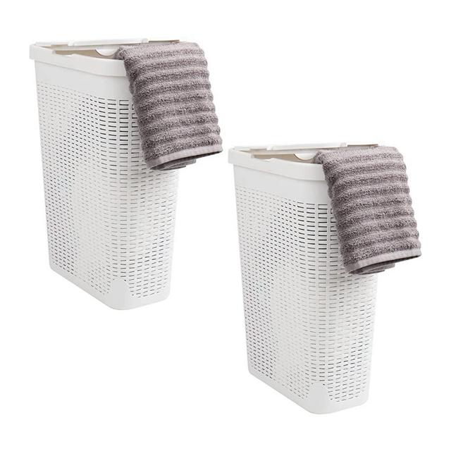Mind Reader Basket Collection, Slim Laundry Hamper, 40 Liter (15kg/33lbs) Capacity, Cut Out Handles, Attached Hinged Lid, Ventilated, Set of 2, White
