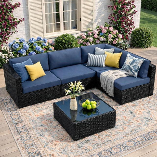 JAMFLY Patio Furniture Sets, 5-Piece Outdoor Patio Furniture with Thick Cushions, Wicker Outdoor Conversation Set Sectional Sofa for Backyard, Poolside, Garden, Aegean Blue