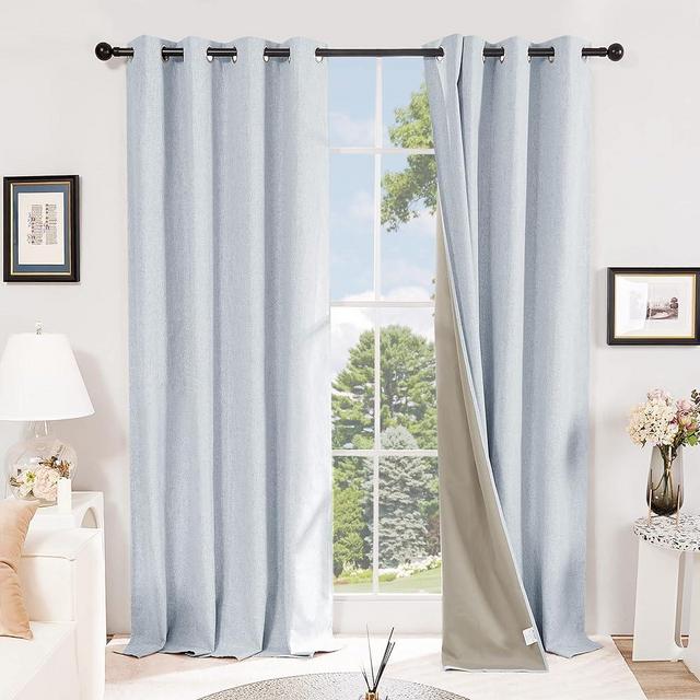 Deconovo 100% Blackout Curtains for Bedroom, Light Blue, 52" W x 96" L, 1 Pair, Grommet Faux Linen Room Darkening Thermal Curtains, Noise Reducing Drapes for Sliding Glass Door