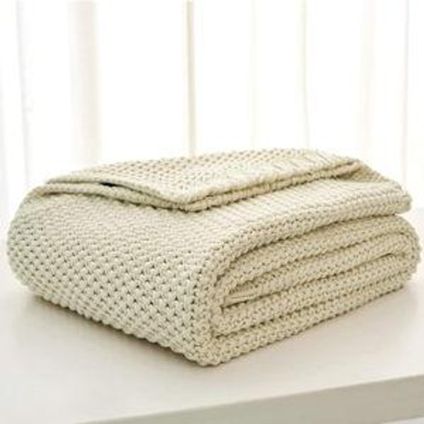 Cream - Chunky Cable Knit Throw Blanket Lightweight Cream 100% Organic Cotton Blanket for Sofa Couch Bed Baby Nursery, Rustic Shabby Chic Modern Farmhouse, 51” x 63” Give Laundering Bag