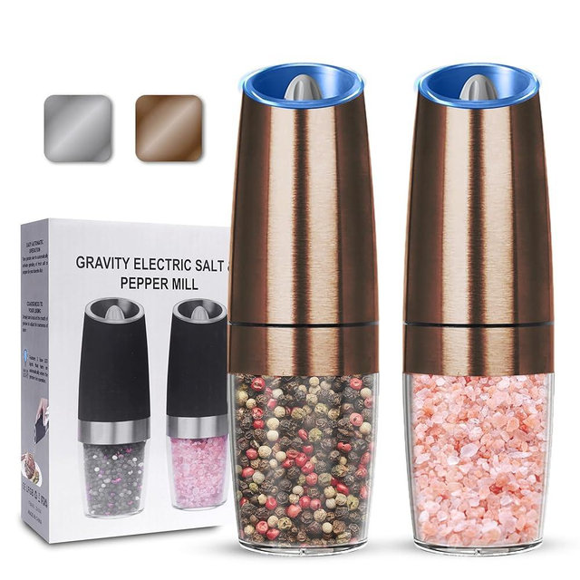 UNNEES Gravity Electric Salt and Pepper Grinder set of 2, Automatic Salt And Pepper Grinder Set, Adjustable Roughness, Battery Powered, LED Light, 2 Pack, (Copper)